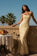 Lucinda Floral Applique Halter Maxi Dress
