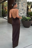 Cleopatra Halter Ruched Plunging Maxi Dress