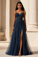 Elowen Lace Tulle Slit Prom Gown