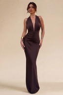 Cleopatra Halter Ruched Plunging Maxi Dress
