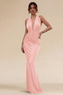 Cleopatra Halter Ruched Plunging Maxi Dress