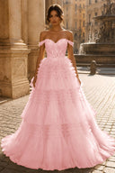 Celestina Off-Shoulder Tiered Tulle Ballgown