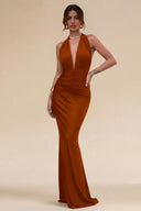Cleopatra Halter Ruched Plunging Maxi Dress