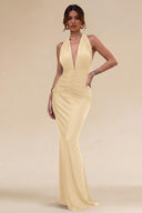 Cleopatra Halter Ruched Plunging Maxi Dress