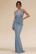 Cleopatra Halter Ruched Plunging Maxi Dress