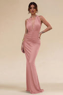 Cleopatra Halter Ruched Plunging Maxi Dress
