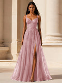 Elowen Lace Tulle Slit Prom Gown