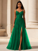 Elowen Lace Tulle Slit Prom Gown