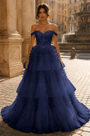 Celestina Off-Shoulder Tiered Tulle Ballgown