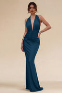 Cleopatra Halter Ruched Plunging Maxi Dress