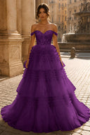 Celestina Off-Shoulder Tiered Tulle Ballgown
