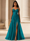 Elowen Lace Tulle Slit Prom Gown