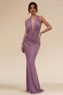 Cleopatra Halter Ruched Plunging Maxi Dress