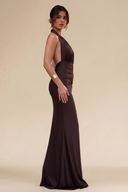 Cleopatra Halter Ruched Plunging Maxi Dress