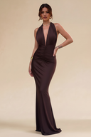 Cleopatra Halter Ruched Plunging Maxi Dress