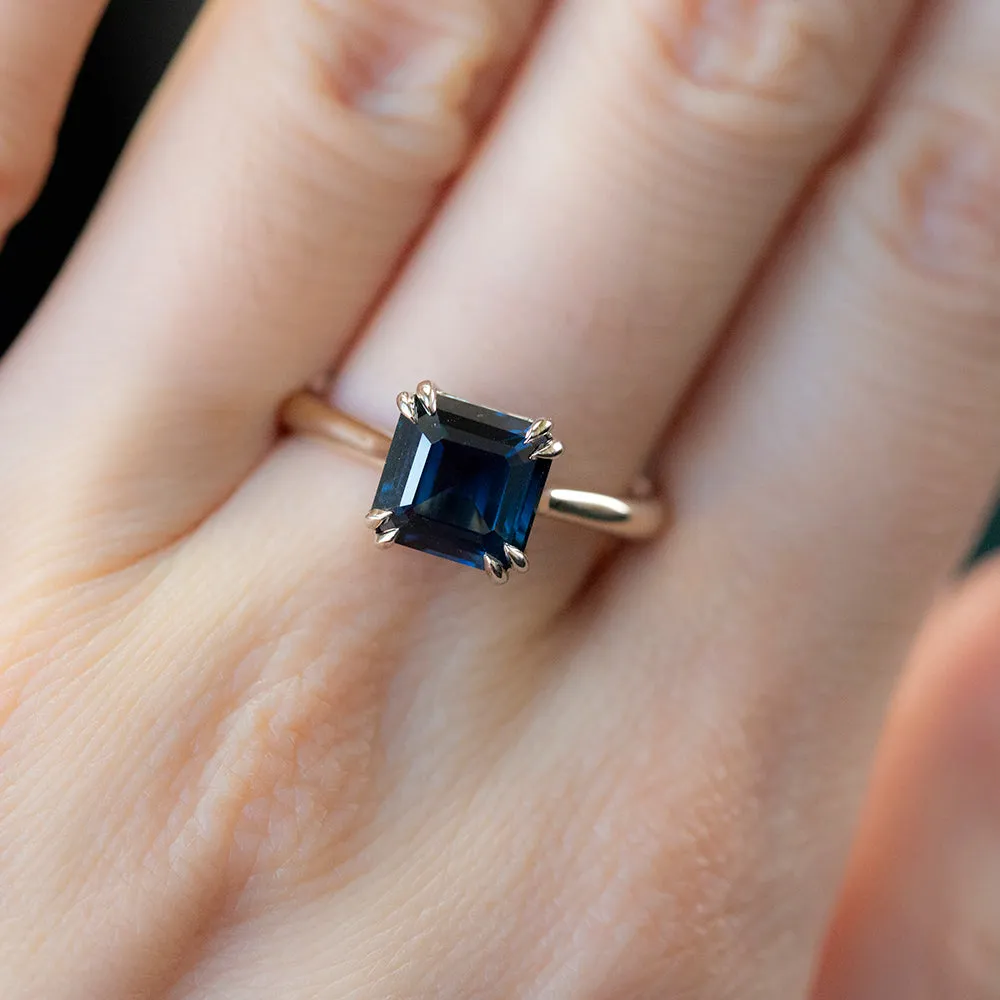 2.83ct GIA Asscher Cut Blue Sapphire in Classic Cathedral Double Prong Solitaire