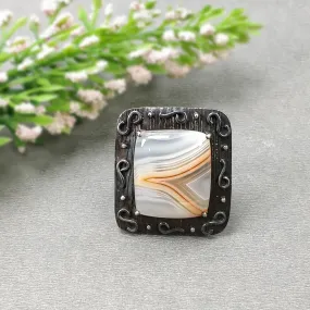 925 Sterling Silver RING : Natural BOTSWANA AGATE Gemstone Cushion Shape Cabochon Bezel Set Fine Statement Victorian Ring 7US