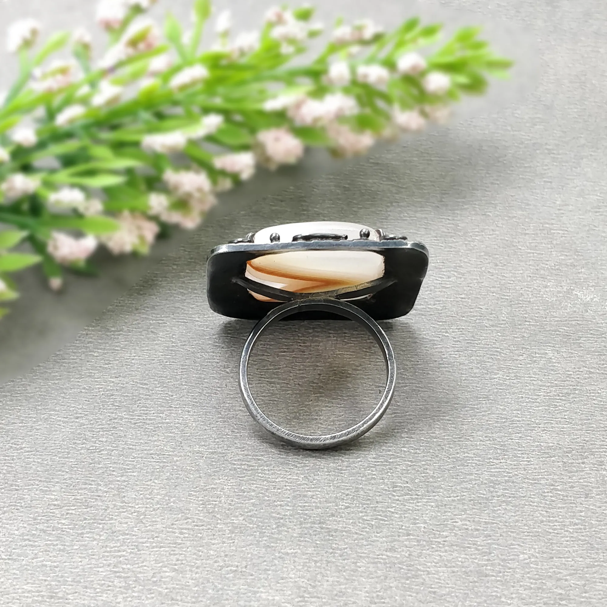 925 Sterling Silver RING : Natural BOTSWANA AGATE Gemstone Cushion Shape Cabochon Bezel Set Fine Statement Victorian Ring 7US