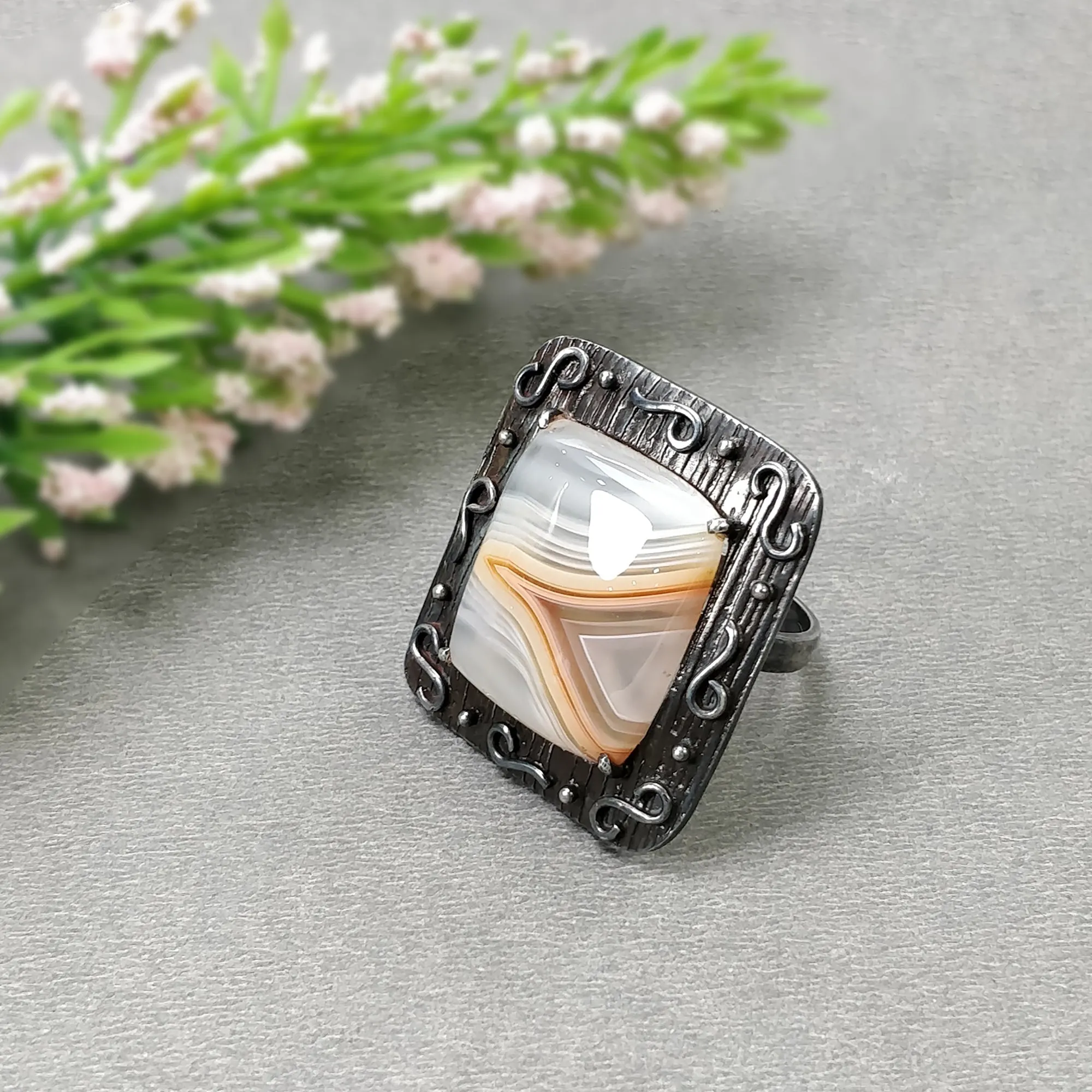 925 Sterling Silver RING : Natural BOTSWANA AGATE Gemstone Cushion Shape Cabochon Bezel Set Fine Statement Victorian Ring 7US