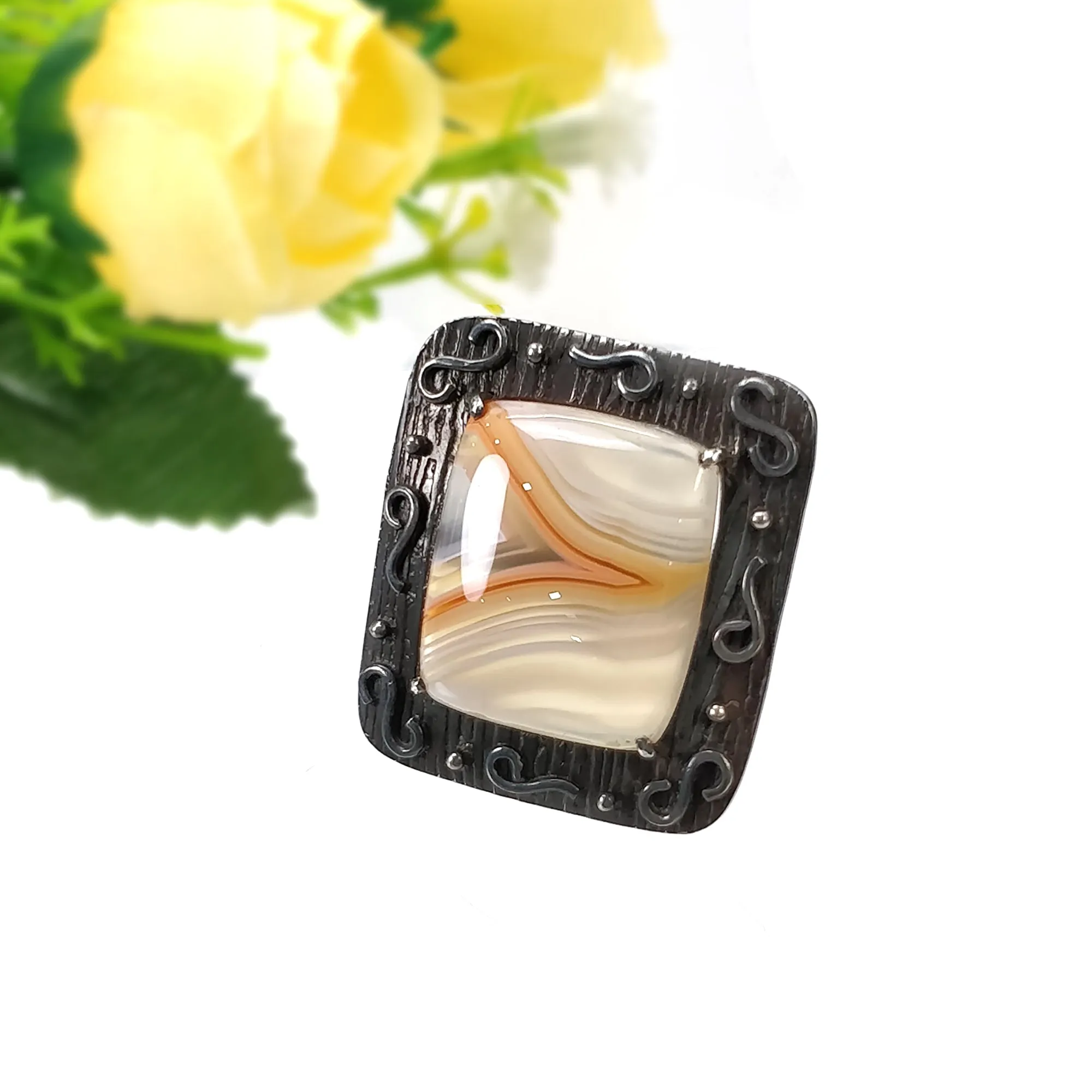 925 Sterling Silver RING : Natural BOTSWANA AGATE Gemstone Cushion Shape Cabochon Bezel Set Fine Statement Victorian Ring 7US