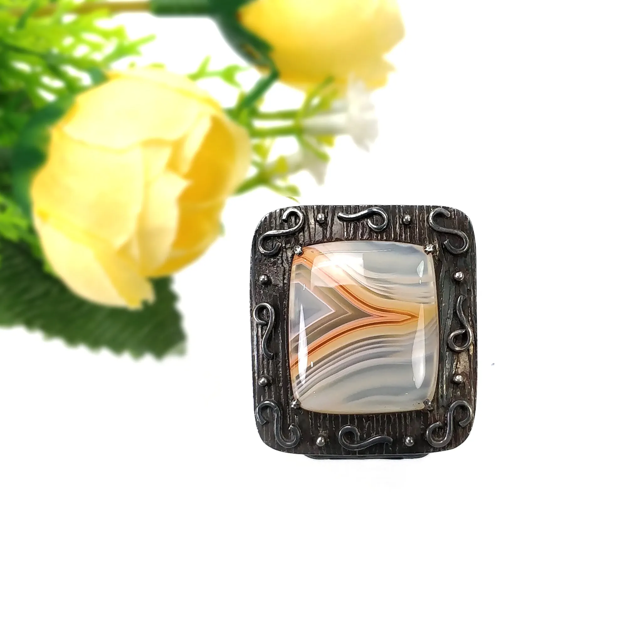 925 Sterling Silver RING : Natural BOTSWANA AGATE Gemstone Cushion Shape Cabochon Bezel Set Fine Statement Victorian Ring 7US