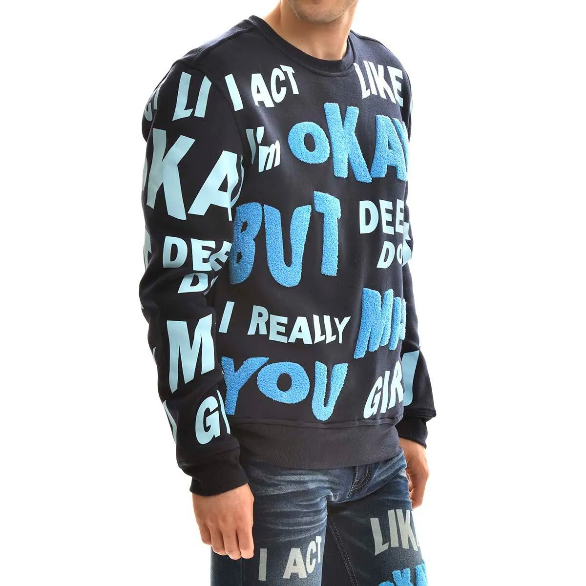 All Over Chenille Print Crew Neck Sweater