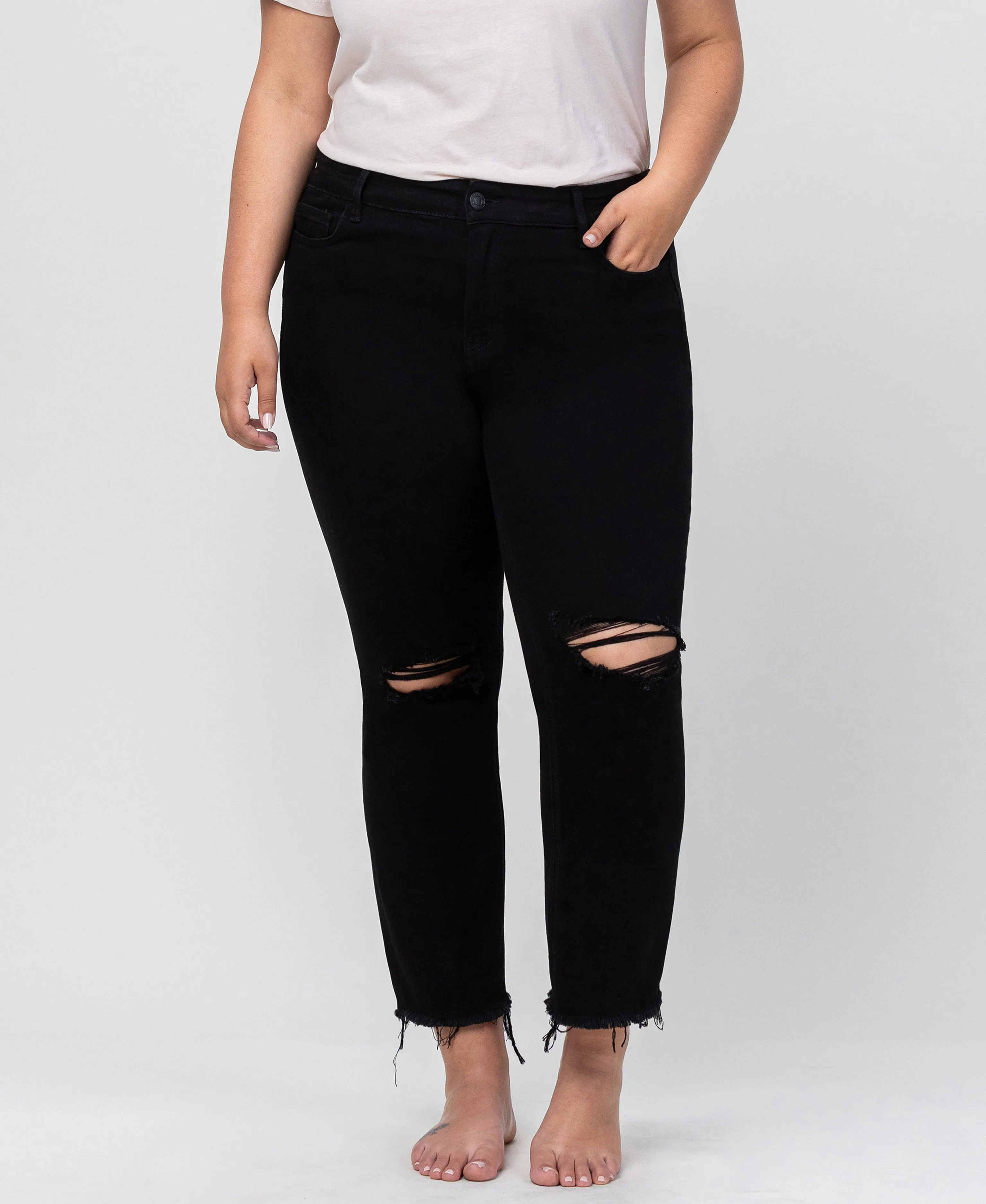 Black - Plus Size High Rise Raw Hem Straight Jeans