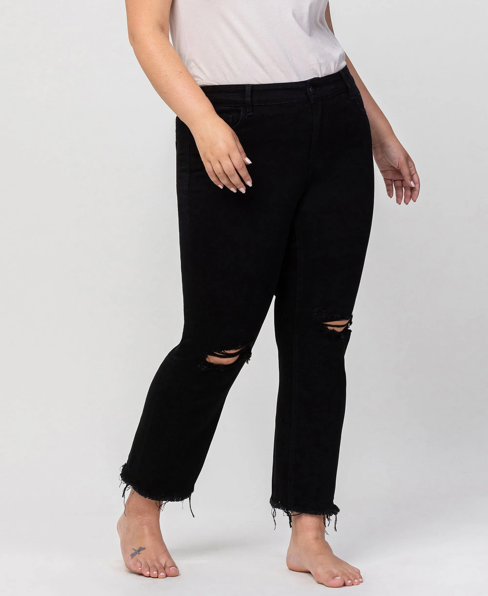 Black - Plus Size High Rise Raw Hem Straight Jeans