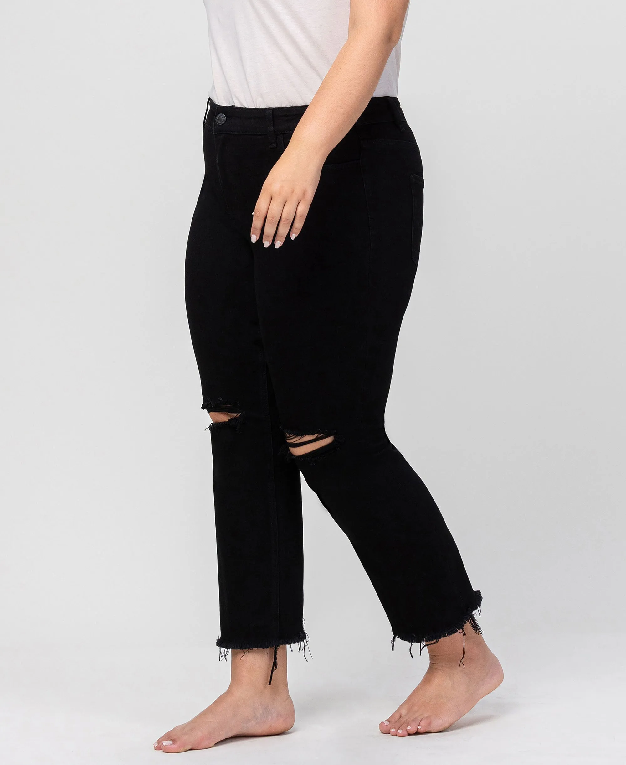 Black - Plus Size High Rise Raw Hem Straight Jeans