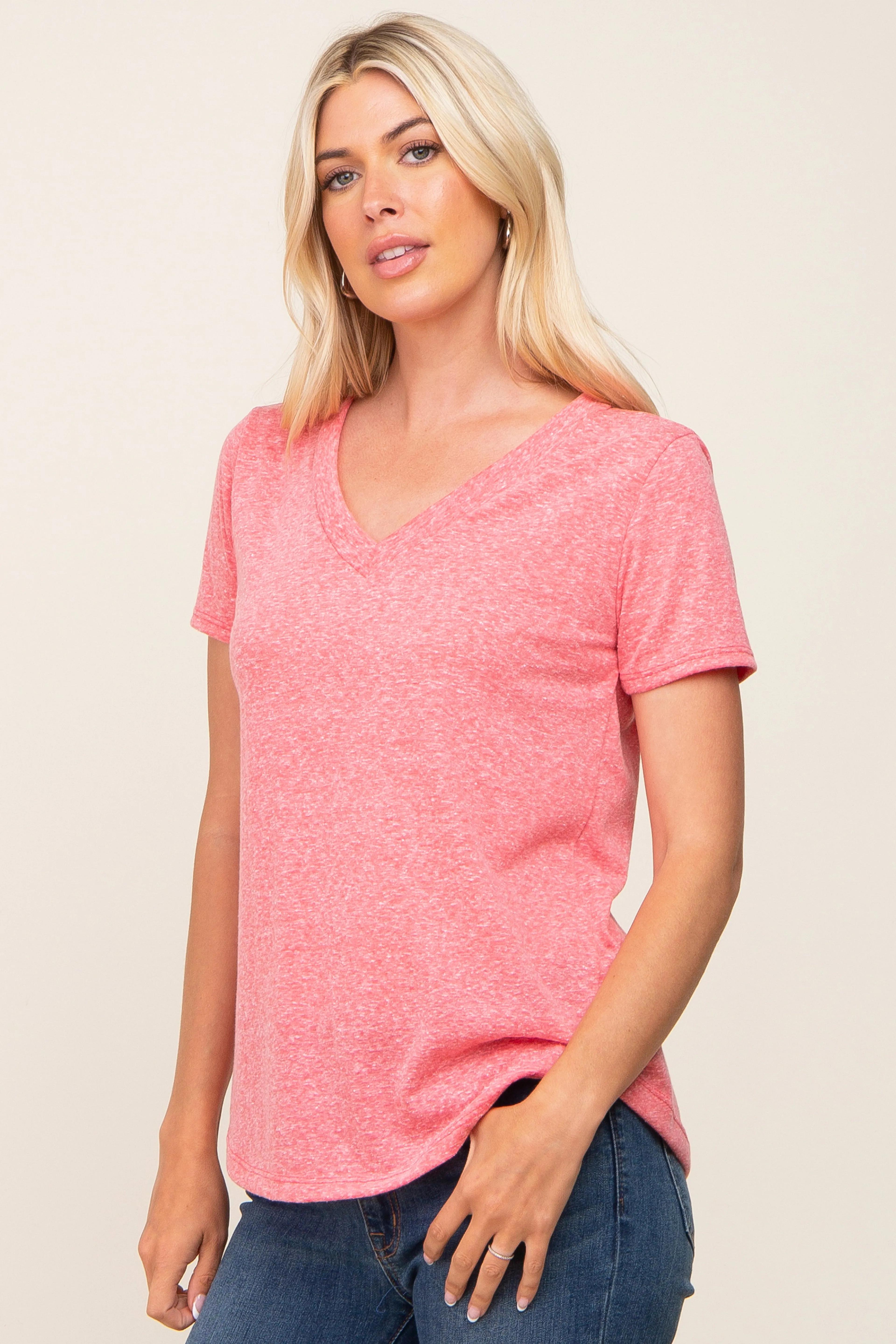 Coral V-Neck Short Sleeve Tee