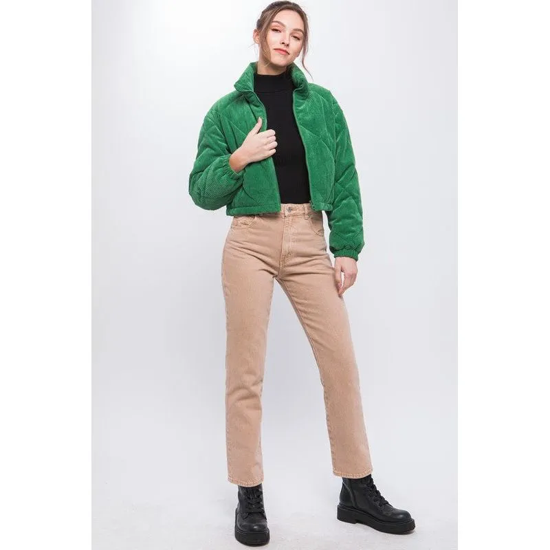 Corduroy Semi-Cropped Zip Up Jacket with Pockets