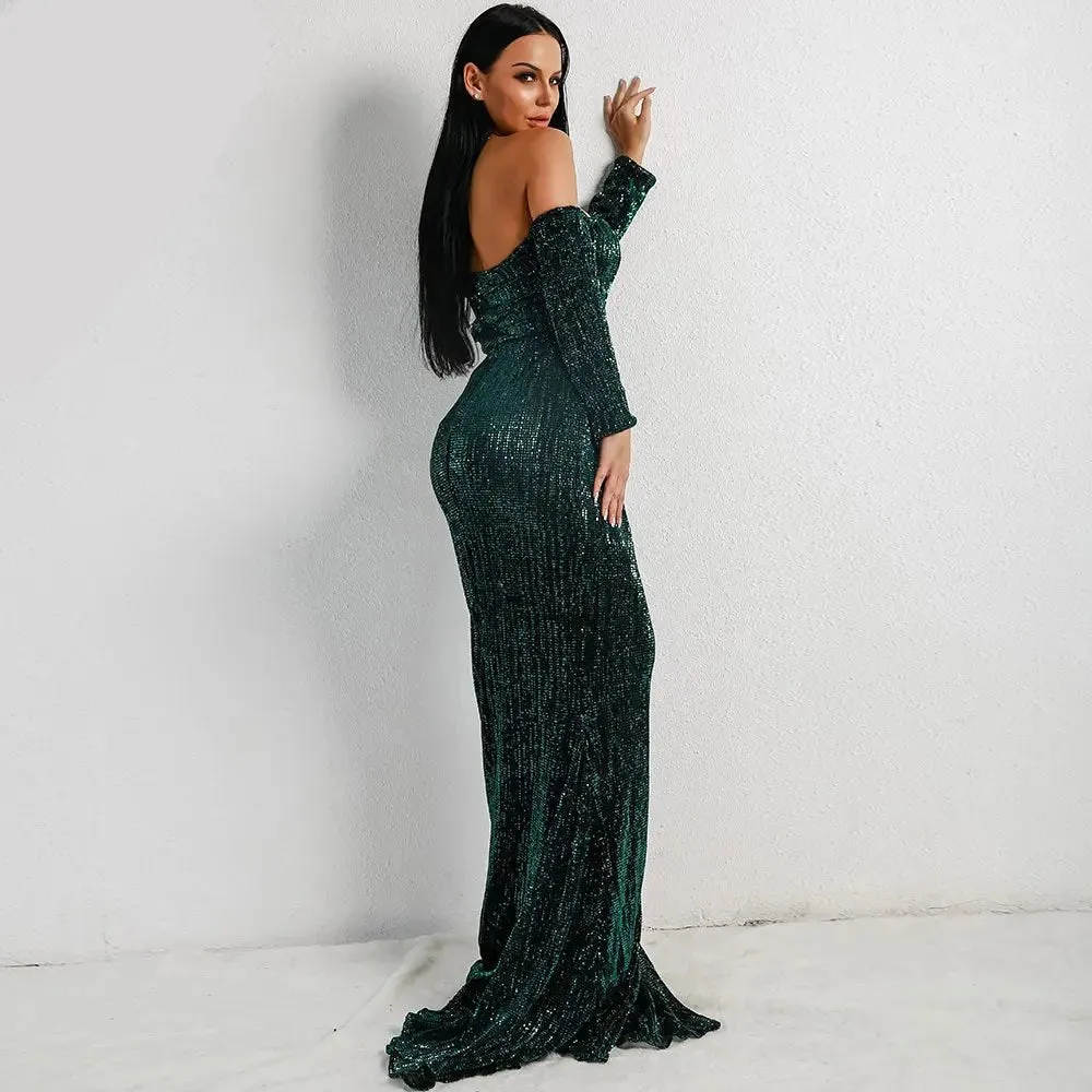 Green Long Sleeve Sequin Backless Dress