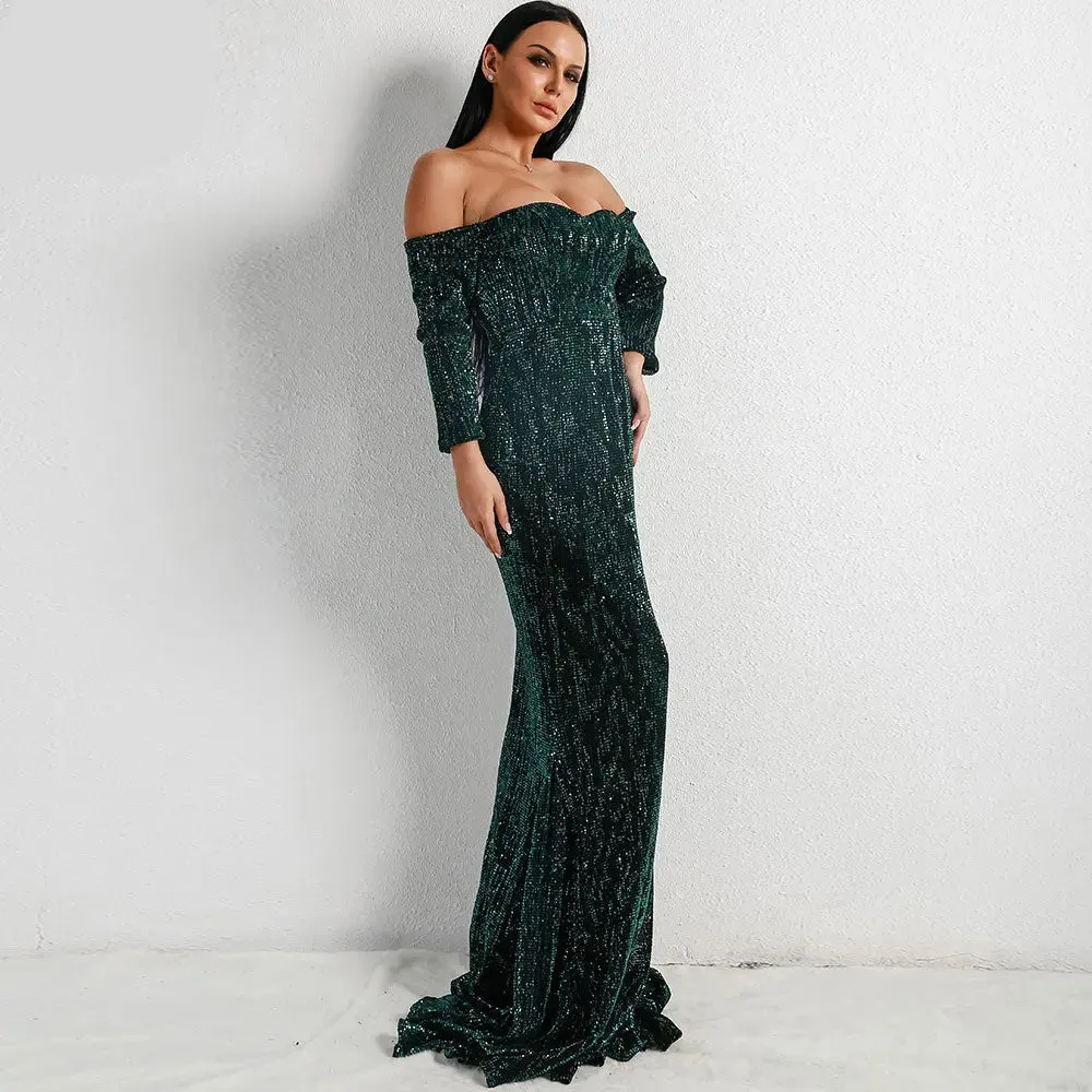 Green Long Sleeve Sequin Backless Dress