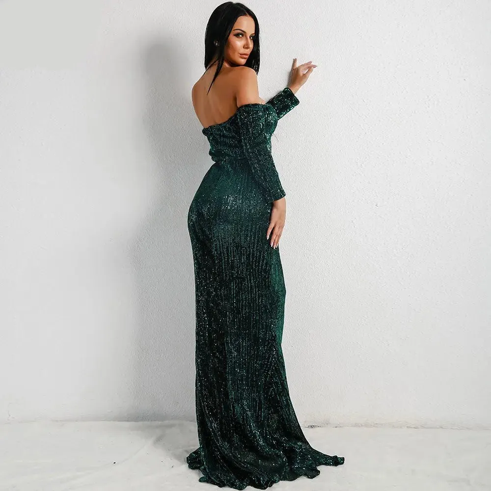 Green Long Sleeve Sequin Backless Dress