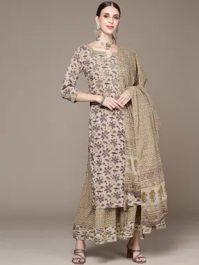 Ishin Women Beige Floral Embroidered Beads and Stones Kurta with Sharara & With Dupatta