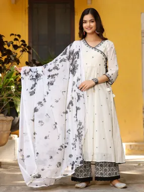 Juniper Off-White & Black Pure Cotton Angrakha Kurta Palazzo & Dupatta With Thread & Mirror Work