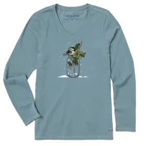 Life Is Good Women's Chickadee Holiday Jar Long Sleeve Crusher V Neck Top - Smoky Blue