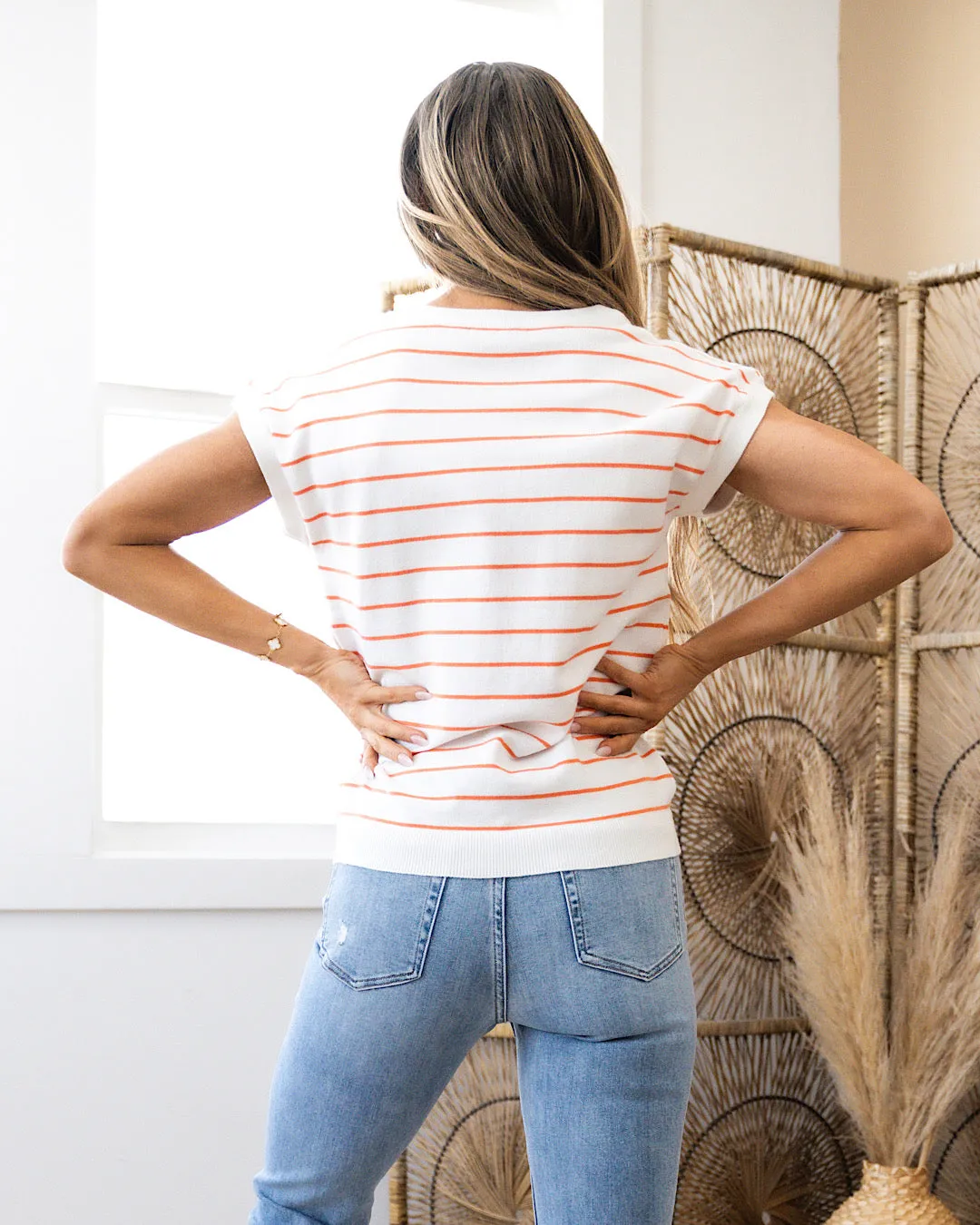 NEW! Allie Striped Short Sleeve Sweater - Coral