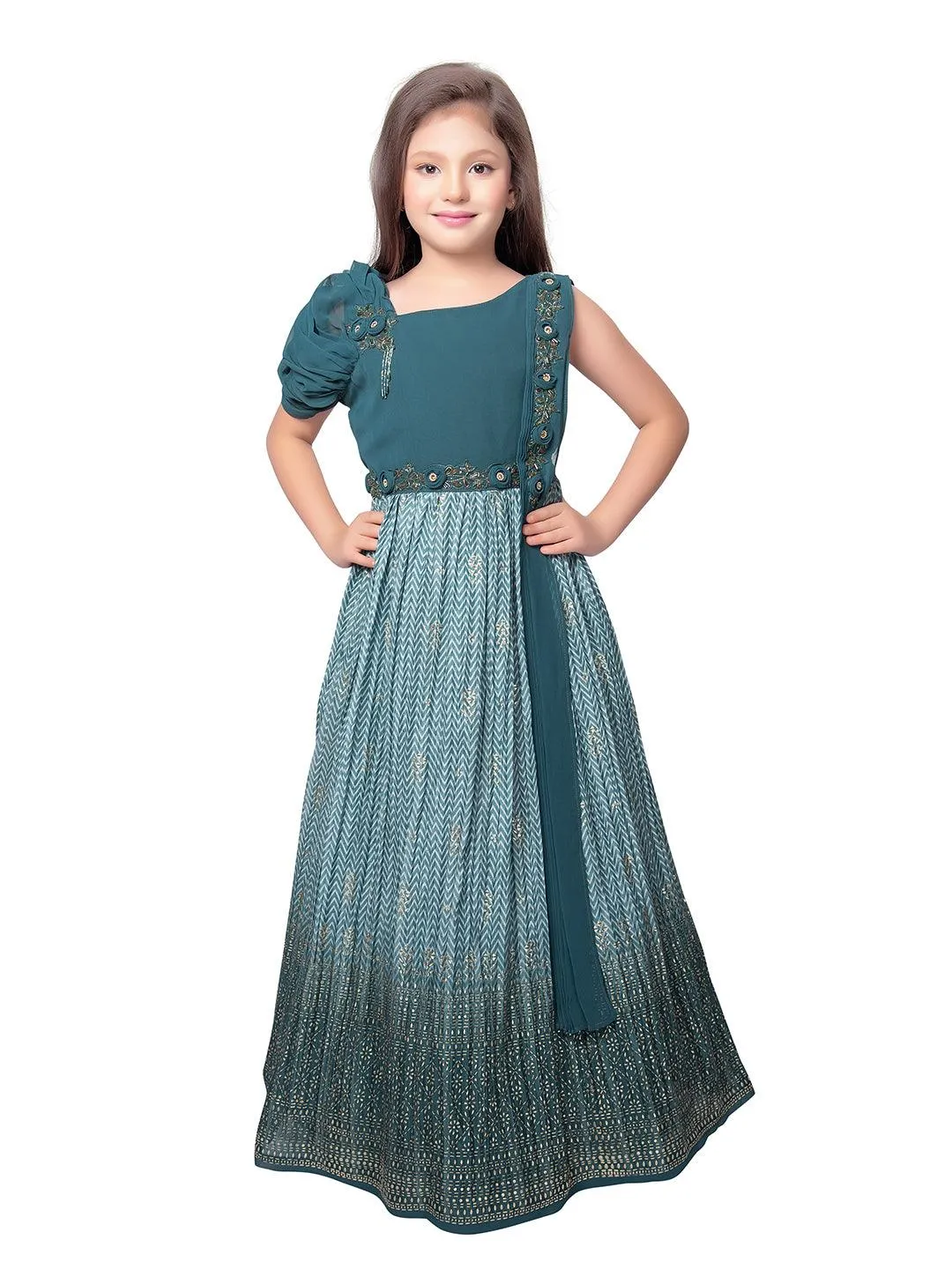 Oil Blue Coloured One Side Fancy Sleeve One Side Dupatta Pattern Stylish Gown For Girls