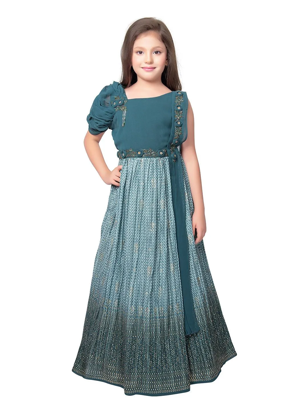 Oil Blue Coloured One Side Fancy Sleeve One Side Dupatta Pattern Stylish Gown For Girls