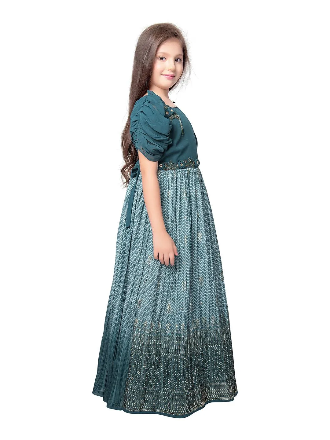 Oil Blue Coloured One Side Fancy Sleeve One Side Dupatta Pattern Stylish Gown For Girls