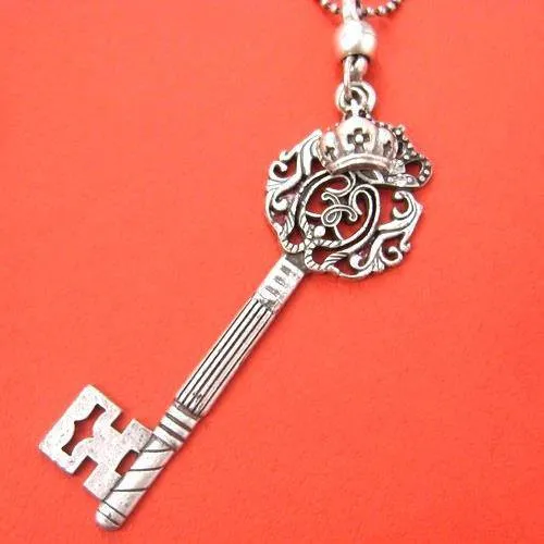 Skeleton Key Pendant with Decorative Crown Detail Necklace in Silver