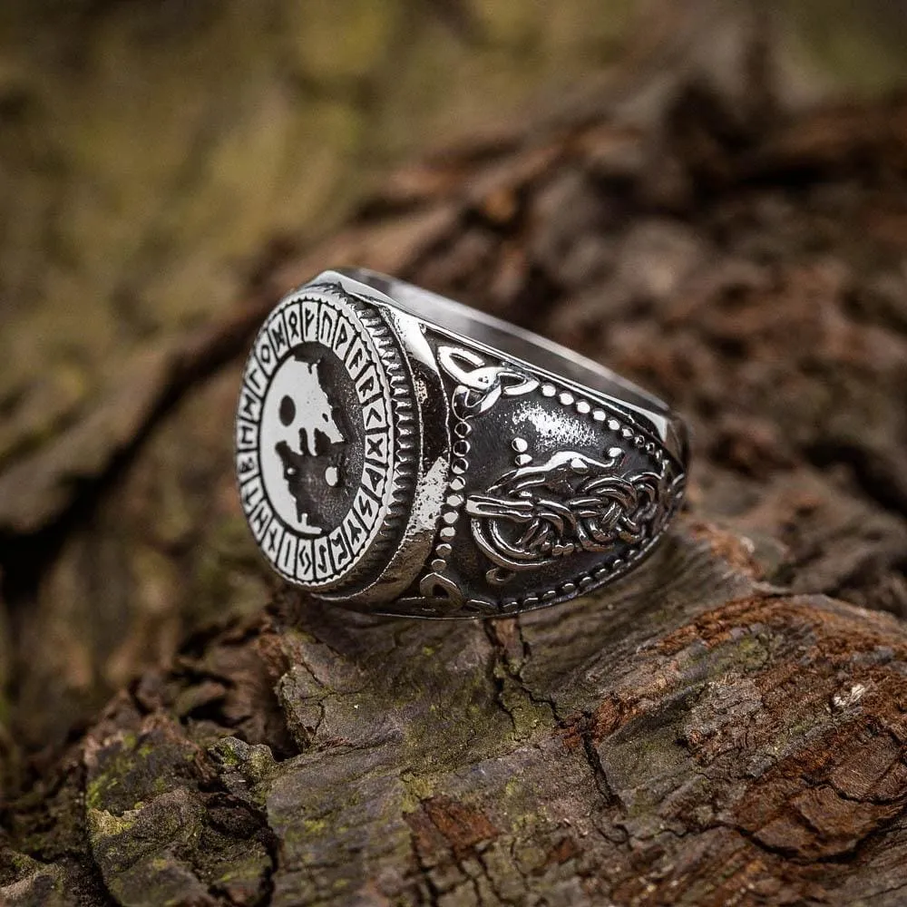 Stainless Steel Wolf and Rune Signet Ring